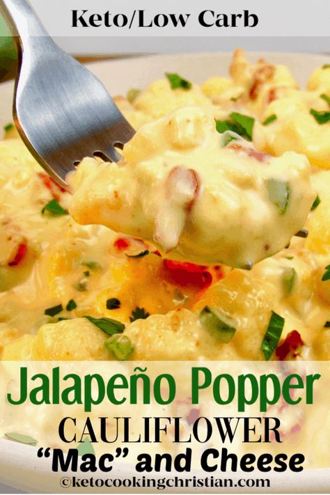 Jalapeño Popper Cauliflower"Mac" and Cheese - Keto and Low Carb All the flavors of jalapeño poppers made into a creamy and delicious cauliflower "mac" and cheese! #ketorecipes #keto #lowcarb #ketodiet #ketojalapenopopper #lowcarbjalapenopopper #ketocauliflowermacandcheese #lowcarbrecipes #easyketosides #ketocookingchristian #easylowcarbsides Loaded Cauliflower Mac And Cheese, Jalapeno Popper Cauliflower, Jalapeno Keto Recipes, Hot Cauliflower Recipes, Cauliflower Jalapeno Casserole, Keto Veggie Sides, Cauliflower Keto Recipes, Summer Keto Recipes, Cauliflower Mac And Cheese Keto