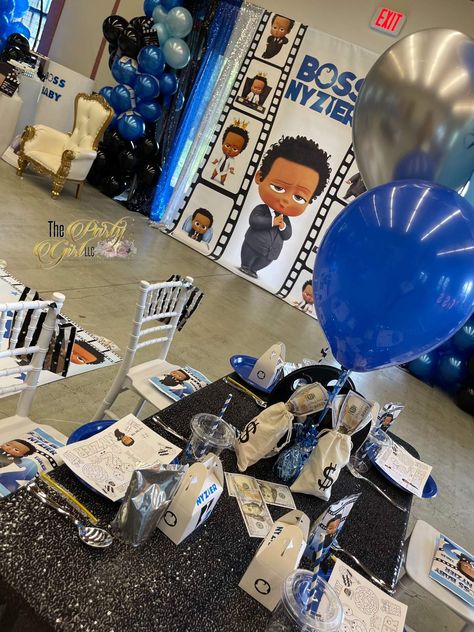 BOSS NYZIER’s 2nd Birthday! | CatchMyParty.com Boss Baby Centerpieces Boy, Boss Baby Baby Shower Ideas Boy, Boss Baby Birthday Party Boy Decorations, Baby Shower Theme Ideas For Boys, Black Boss Baby Birthday Party Boy, Boss Baby Birthday Decoration, Boss Baby Theme Party Decorations, Boss Baby Decorations 1st Birthday, Baby Boss Decoration Ideas