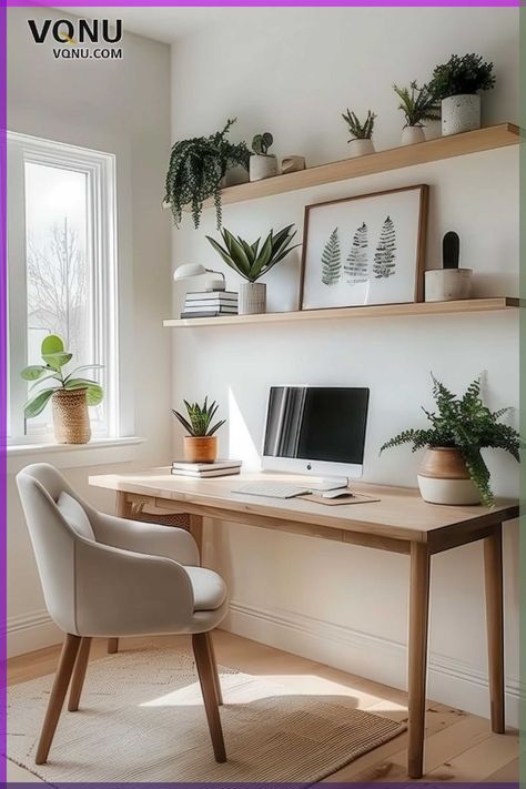 Clean Home Office Design, Relaxing Desk Setup, Home Office Light Colors, Nature Inspired Office Design, Office Calming Decor, Natural Minimalist Home Decor, Bedroom With Office Desk, Home Office Plants Decor, Home Office Simple