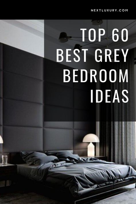 Monochromatic Gray Bedroom, Dark Gray Bedroom Walls Master Suite, Charcoal Grey And White Bedroom, Bedroom With Gray Curtains, Black And Grey Mens Bedroom, Dark Grey Curtains Bedroom Ideas, Monochromatic Grey Bedroom, Grey Bedrooms Luxury, Grey Rooms Ideas