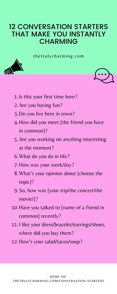 Become the most interesting people in the room with these 12 quality conversation starters.

Also, in the article you will find some great follow-up questions for each conversation starter. Conversation Starters When Meeting New People, Conversation Starters Meeting New People, Conversation Starters For Strangers, First Conversation Starters, Most Interesting Person In The Room, Friend Conversation Starters, Small Talk Tips Conversation Starters, Conversation Starters For Adults, Exercise List