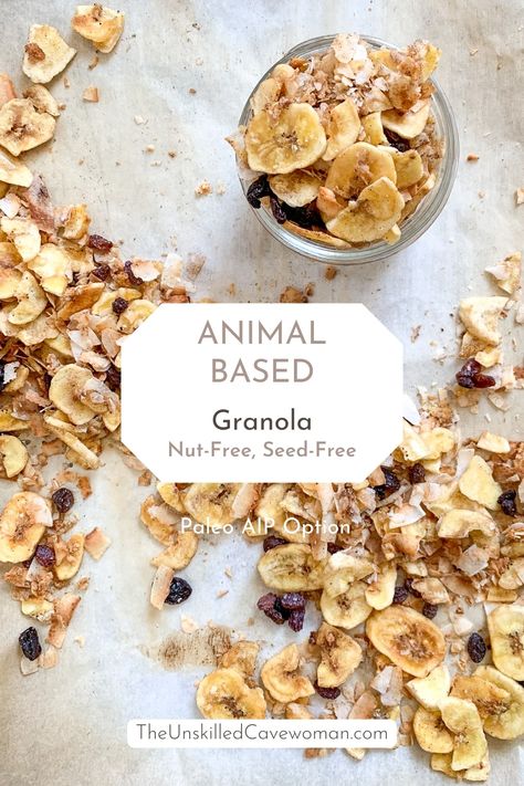 Animal-Based Granola (Paleo AIP, Grain-Free, Nut-Free, Seed-Free) - The Unskilled Cavewoman Paleo Nut Free Recipes, Grain Free Nut Free Recipes, Animal Based 30, Animal Based Meals For Kids, Animal Based Smoothie, Animal Based Diet Snacks, Animal Based Lunch Ideas, Aip Cereal, Animal Based Breakfast Ideas