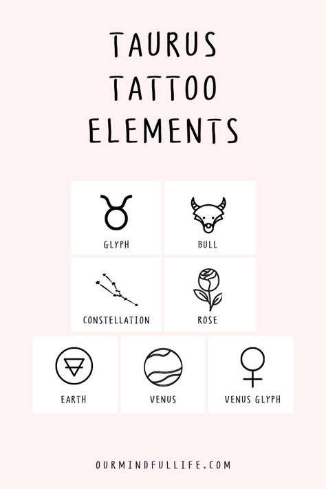 Taurus symbols and elements explained - Taurus tattoos are more than bulls. Here is a list of Taurus elements to add some twists to your ink. Bull Skull Tattoos, Taurus Symbols, Taurus Tattoo, Our Mindful Life, Astrology Tattoo, Small Girly Tattoos, Horoscope Tattoos, Tato Henna, Taurus Zodiac Facts