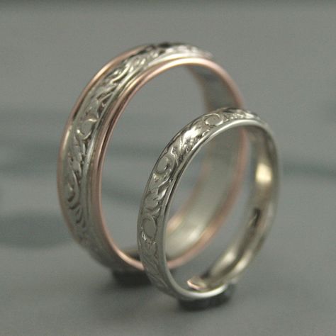 Our two tone Going Baroque wedding band set is a lovely compliment to a garden style wedding. With this listing you can pair our brand new Touch of Gold Going Baroque Band with its matching sterling silver mate. The all silver band is hand forged from 3.5mm silver preformed pattern wire that has been imprinted with a swirl and leaf design. Its two tone partner is made from this same material with just a touch of gold added to either end. We expertly add a 1mm in diameter strip of full round soli Gold And Silver Wedding Band, Blw Ideas, Gold And Silver Wedding, Garden Style Wedding, Baroque Wedding, Silver Wedding Band, Silver Wedding Bands, Wedding Band Sets, Touch Of Gold