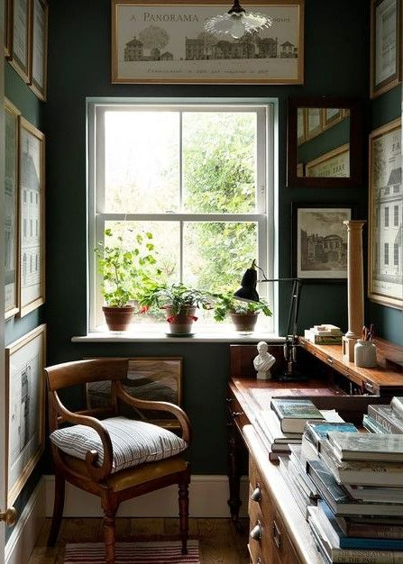 Dark Academia Room, Academia Room, Halfway House, Green Interiors, A Desk, Home Library, Life Magazine, Home Office Design, A Chair