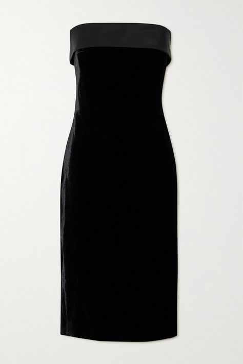 Ralph Lauren Collection - Cantrelle silk-twill & stretch-velvet midi dress#affordablefashion #eveninggown #partydress #ootd #trendy #blackdress Ralph Lauren Velvet Dress, Strapless Black Velvet Dress, Purple Velvet Dress, Carpet Outfits, Strapless Dresses, Velvet Midi Dress, Black Strapless Dress, Ralph Lauren Women, Black Velvet Dress