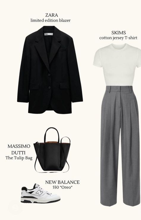 Palazzo Pants And Blazer Outfit, Blazer Gray Outfit, Outfit Inspo For Office, Outfit With Blazer For Women, Grey Trousers Outfit Women Work Attire, Gray Pants Outfit Casual, Grey Wide Leg Trousers Outfit, Gray Dress Pants Outfit, Grey Shoes Outfit