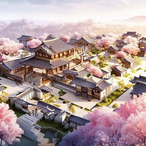 Japanese Compound Anime, Chinese Village House, Traditional Japanese Mansion, Japanese Estate, Chinese Castle, Ancient Chinese Palace, Japanese Mansion, Japan Village, Castle Exterior