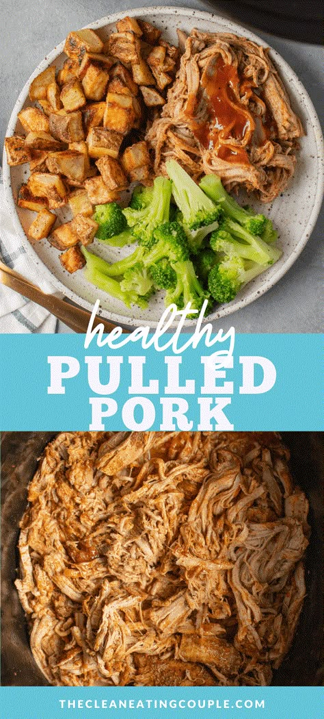 This Healthy Pulled Pork recipe is a perfect easy, clean eating weeknight dinner. Made in the slow cooker or instant pot with only a few ingredients, it's low in fat, packed with protein, and paleo / Whole30 friendly! Easily made, this BBQ pork is great for meal prep! I prefer to make this with tenderloins because it is leaner, but check the post for substitutions! Macro Friendly Pulled Pork, Pulled Pork Optavia, Low Calorie Pulled Pork Crock Pot, Pulled Pork Crock Pot Recipes Whole 30, Pulled Pork Crock Pot Recipes Healthy, Pork Shoulder Recipes Healthy, Lean Protein Meals Clean Eating, Low Fodmap Pulled Pork Crock Pot, Healthy Crockpot Pulled Pork