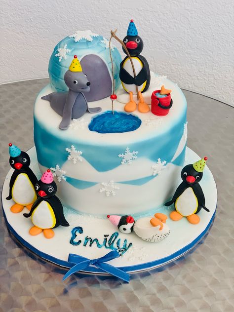 Pingu Cake Birthdays, Pingu Cake, Penguin Cake, Penguin Cakes, Penguin Birthday, Baby First Birthday Cake, Cake Pop Decorating, Cake Boards, Winter Cake