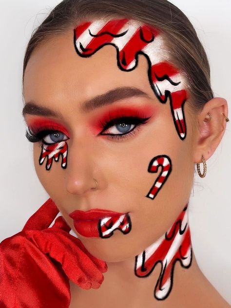 Candy Cane Makeup, Holiday Eye Makeup, Christmas Makeup Looks, Xmas Makeup, Christmas Eyeshadow, Halloweenský Makeup, Christmas Eye Makeup, Candy Makeup, Christmas Makeup Look