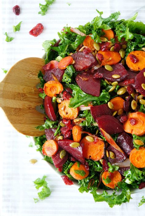 Roasted Beet, Carrot & Kale Salad Carrot Salad Dressing, Beetroot And Carrot Salad, Roasted Beets And Carrots, Beet Salad Recipes, Roasted Beet Salad, Sweet Potato Kale, Carrot Salad, Goat Cheese Salad, Fruit Salad Recipes