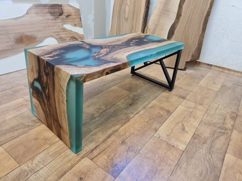 Custom Epoxy Resin Waterfall Dining Table Top, Epoxy Counter Top, Resin Coffee Table, Handmade Wooden Furniture, Personalized Room Decor by LIMBUSArt on Etsy Waterfall Desk, Studio Bathroom, Desk Bar, Epoxy Projects, Turquoise Resin, Vibrant Living Room, Epoxy Table Top, Epoxy Countertop, Wood Epoxy