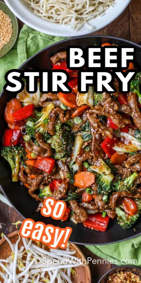 This easy beef stir fry recipe is SO much better than take out. We love making teriyaki beef stir fry when we are entertaining! #spendwithpennies #beef #stirfry #beefstirfry #easybeefstirfry #teriyaki #teriyakibeefstirfry Teryokie Beef Stir Fry, Stake Stir Fry, Beer Stir Fry Recipe, Beef Stir Fry Recipes Without Soy Sauce, How To Make Beef Stir Fry, Crockpot Beef Stir Fry Recipes, Stir Fry Recipes Beef Rice, Teriyaki Beef Stir Fry Recipes Easy, Beef Stir Fry With Rice