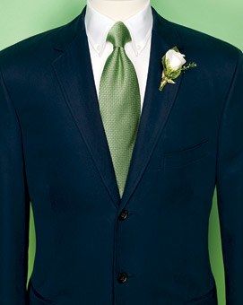 A classic navy suit is natty all on its own—add a tangy textured tie for a splash of vivid color. Three-button chino jacket and white cotton shirt, [J.Crew](http://wwwjcrew.com/). Green and blue silk-woven tie, [Brooks Brothers](http://www.brooksbrothers.com/). Wedding Suits Men Green, Suits Men Green, White Tuxedo Wedding, Groom Ties, Groom Accessories, Suits Men, Navy Suit, Groomsmen Attire, Green Tie