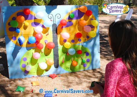 Spring Carnival Game - Butterfly Balloon Burst - NO Darts Needed! Butterfly Party Games For Kids, Butterfly Birthday Activities, Butterfly Birthday Party Activities, Butterfly Birthday Games, Butterfly Party Activities, Butterfly Birthday Party Games, Butterfly Party Games, Spring Carnival Games, Spring Fling Games