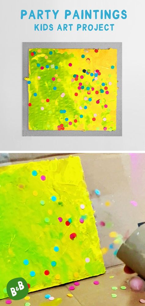 It's a process art party with this super fun confetti art activity for kids! Simple supplies and an easy setup make these party paintings perfect for kids birthday parties, art parties, day camp celebrations, and more! From preschool to elementary-aged kids, this art activity is a hit with children of all ages. | Easy kids art ideas | Process art activities | from barley & birch Pre K Painting Activities, Preschool Party Activities, Artist Study Preschool, Art Class Preschool, Easy Canvas Art For Kids, Halloween Process Art, Toddler Process Art, Preschool Process Art, Process Art For Preschoolers