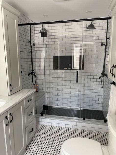 Bathroom Tile Ideas Shower Walk In Black And White, Large Shower With 2 Shower Heads, Bathroom Remodel Gray And White, Walk In Shower Ideas Black And White, White And Grey Tiles Bathroom, Black And White And Grey Bathroom, Shower Remodel Black And White, Tile Shower Black And White, White And Black Bathroom Ideas Modern