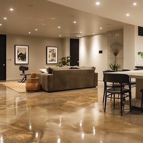 8+ Sleek Basement Flooring Ideas with Polished Concrete • 333+ Inspiring Lifestyle Ideas Stained Concrete Floors Living Room, Concrete Floors Interior, Cement Floors In House, Concrete Floors Living Room, Epoxy Floor Basement, Polished Cement Floors, Basement Flooring Ideas, Concrete Basement Floors, Acid Stained Concrete Floors