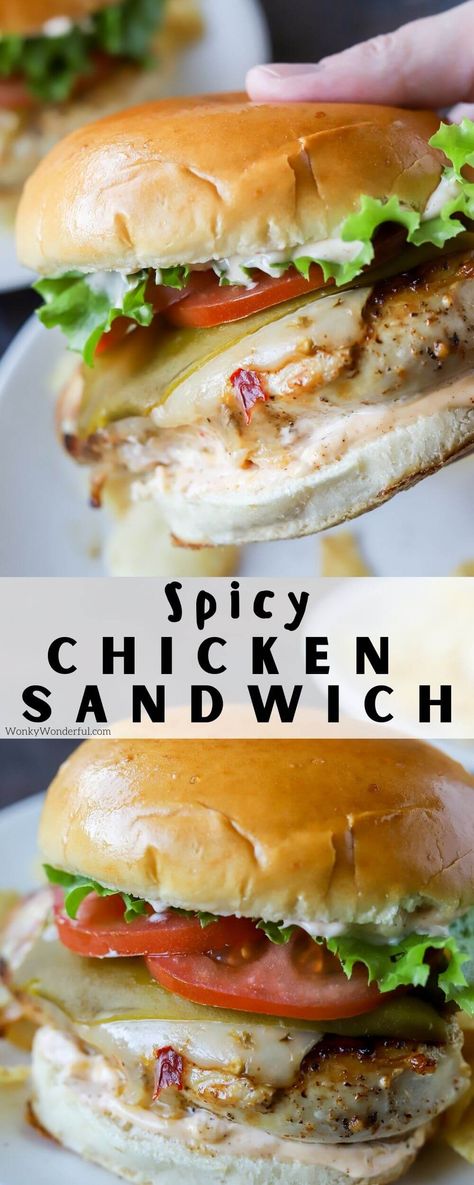 No need for a drive-thru dinner, make this Grilled Spicy Chicken Sandwich Recipe instead. Pan fried or grilled chicken breast, spicy mayo, a whole green chile, pepper jack cheese, tomatoes and lettuce on a soft golden bun. #chickensandwich #homemadefastfood #dinnerrecipes Spicy Chicken Sandwich Recipe, Healthy Baked Chicken Breast, Baked Cajun Chicken, Easy Sandwiches, Grilled Chicken Sandwich Recipes, Spicy Chicken Breast, Spicy Chicken Sandwich, Chicken Breast Sandwich, Cajun Chicken Pasta Recipes