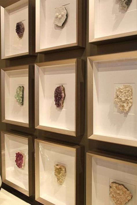 Classy way to display a collection. This is a awesome design blog. Rock Collection Display, Minerals Art, Image Reference, Fabulous Diy, Diy Artwork, Rock Collection, Crystal Decor, Shadow Boxes, Displaying Collections