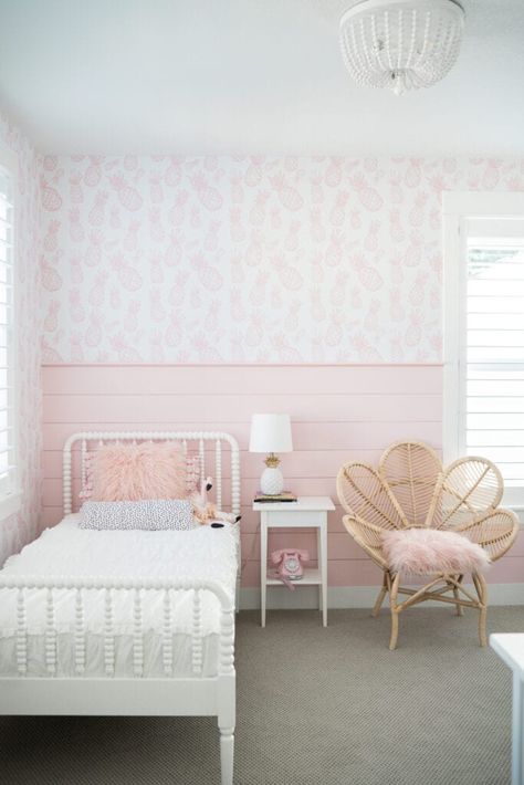 Wallpaper And Shiplap Bedroom, Shiplap Wall With Wallpaper, Half Shiplap Half Wallpaper Wall, Half Pink Half White Wall, Shiplap Girls Bedroom, Half Wall With Wallpaper, Half Shiplap Wall Bedroom, Toddler Girl Room Wallpaper, Pink Shiplap Wall