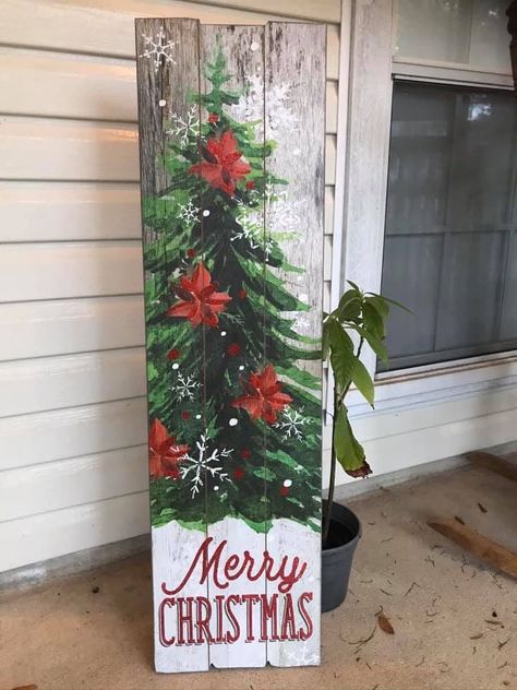 Fall Trellis Decorations, Christmas Painted Boards Signs, Painting Porch Leaners, Christmas Door Leaner Signs, Christmas Decor Painting, Christmas Porch Leaners Diy, Christmas Tree Painted On Wood, Christmas Porch Boards, Wood Board Painting Ideas