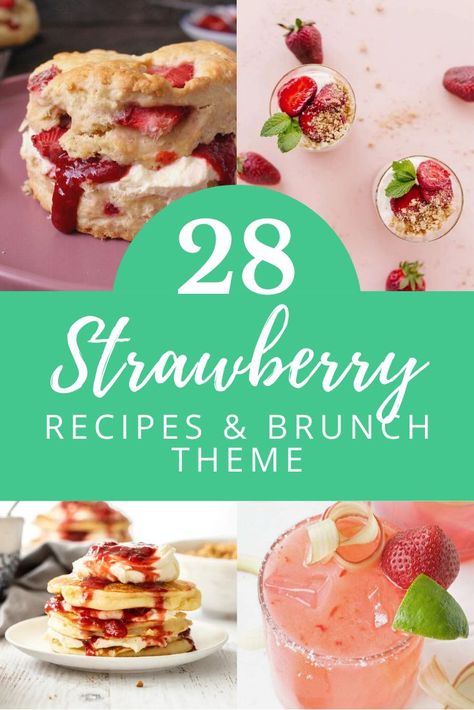 Celebrate strawberry season by hosting a themed summer brunch featuring a favorite fruit! Decor inspiration and 28 strawberry brunch recipes, such as starters, cocktails, salads, sweet main courses, desserts, and zero-proof beverage options - all featuring berries. Strawberry Brunch Theme, Strawberry Brunch Recipes, Berry Brunch Ideas, Strawberry Brunch Ideas, Strawberry Themed Bridal Shower Ideas, Theme Brunch Ideas, Strawberry Tea Party, Brunch Ideas Recipes, Summer Brunch Ideas