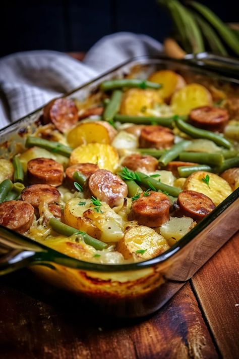 Sausage Green Bean Potato Casserole - That Oven Feelin Bulk Meals For Large Groups, Easy Meals For Big Groups, Sausage Green Beans And Potatoes, Sausage Green Bean Potato Casserole, Sausage Ideas, Sausage Green Beans, Green Bean Potato Casserole, Kielbasa Potatoes, Sausage And Green Beans