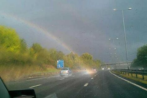 The end of the rainbow found.. on motorway in Surrey - picture Strangely Familiar, Rainbow Images, End Of The Rainbow, 22 September, Rainbow Photo, Liminal Spaces, Visiting Greece, Pot Of Gold, Weird World