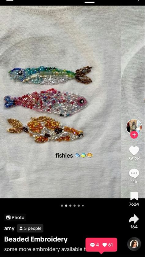 Beaded Fish Shirt, Diy Beaded Clothes, Sewing Beads On Clothes, Bead Shirt Diy, Fish Bead Embroidery, How To Embroider Beads, T Shirt Embroidery Diy, Beaded Embroidery Shirt, Bedazzled Clothes