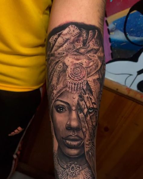 Half Lion Half Black Woman Tattoo, African Tattoos For Women Thigh, African Sleeve Tattoo Woman, Black Warrior Woman Tattoo, African Lady Tattoo, African Tattoos For Women Goddesses, African Woman Tattoo, African Queen Tattoo Goddesses, African Tattoos For Women