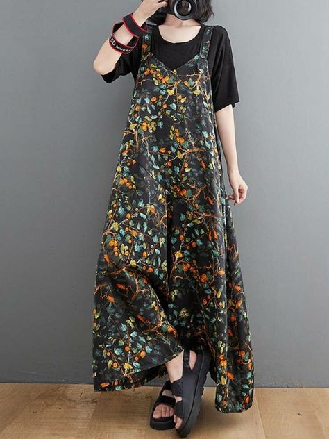 Calico Print Button Casual Jumpsuit Artistic Outfits, Cotton Overalls, Plus Size Vintage, Casual Jumpsuit, Floral Jumpsuit, Floral Sleeveless, Retro Floral, Wide Leg Jumpsuit, Pattern Floral