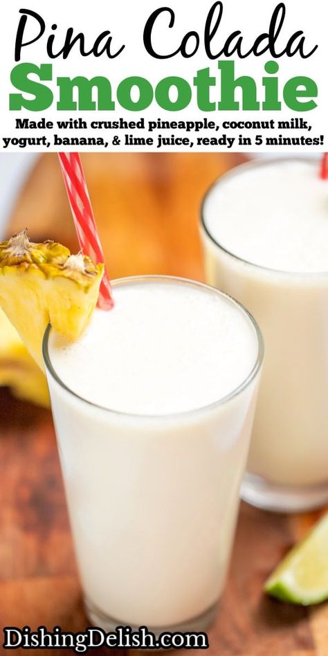 Pina Colada Smoothie made with tropical flavors like crushed pineapple and coconut milk blended with vanilla yogurt, banana, and lime juice, ready in under 5 minutes! Pineapple And Coconut Milk, Smoothie Pineapple, Pineapple Coconut Smoothie, Vegetarian Side Dish Recipes, Green Monster Smoothie, Yogurt Banana, Pina Colada Smoothie, Pineapple And Coconut, Pumpkin Pie Smoothie