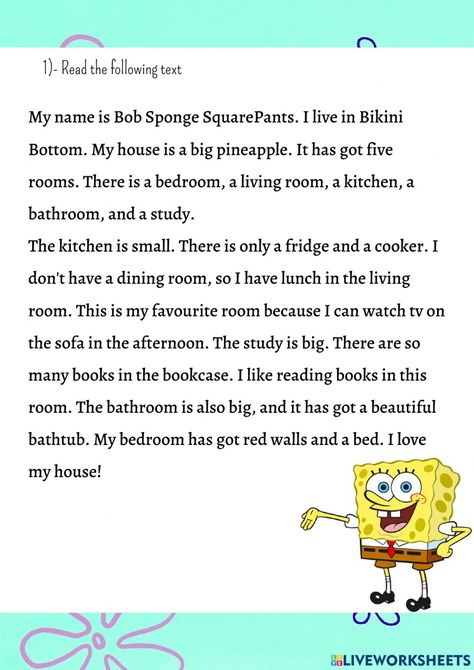 Spongebob Worksheets, Esl Materials, Bob Sponge, English Story, English Lessons For Kids, Sponge Bob, English As A Second Language (esl), English As A Second Language, Reading Passages