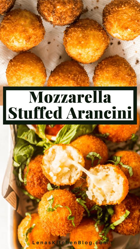 Mozzarella Arancini (Fried Risotto Balls) is a Sicilian delight. Homemade risotto balls are stuffed with mozzarella before being deep fried and served with warm tomato sauce. It’s the cheesy Italian appetizer you need in your life! Risotto Balls Recipes, Mozzarella Arancini, Arancini Recipe Italian, Baked Arancini, Homemade Risotto, Fried Risotto Balls, Mozzarella Balls Recipe, Fried Appetizers, Risotto Balls