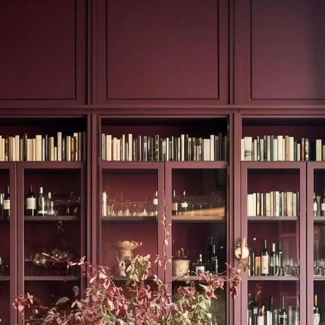 Oxblood Living Room, Painted Bookshelf Wall, Maroon Bookshelf, Burgundy Library Room, Maroon Living Room Ideas Burgundy, Burgundy Bookshelves, Mauve Library, Dark Red Library, Deep Red Accent Wall