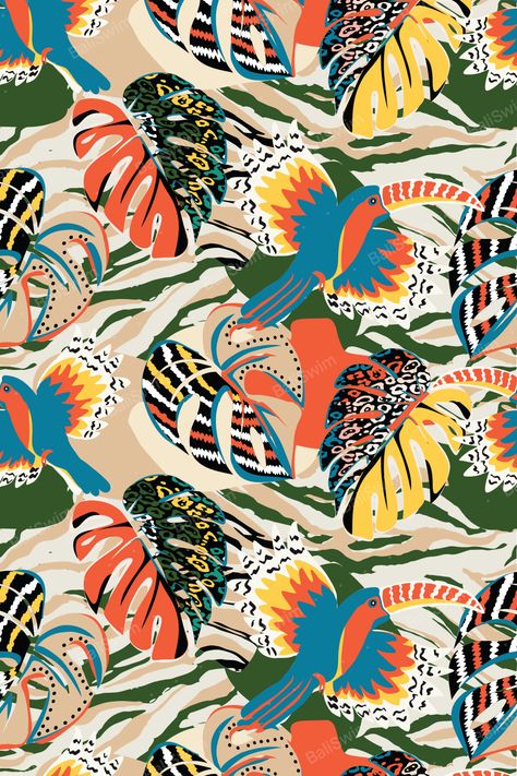 Add a splash of fun and whimsy to your swimwear collection with the vibrant and quirky Toucan pattern. The bold hues and dynamic lines will make a statement and turn heads wherever your customers go. It's a print that is perfect for those who love to stand out from the crowd and aren't afraid to express their unique style. Hawaii Pattern, Toucan Art, Dynamic Lines, Shirt Prints, Design Textile, Man Swimming, Swimwear Collection, Boys T Shirts, Textile Design