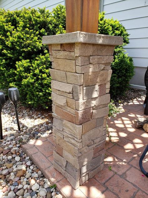 Outdoor Ramada, Diy Pillars, Stone Panels Exterior, Front Porch Stone, Porch Pillars, Faux Stone Veneer, Front Porch Columns, Stacked Stone Panels, Faux Stone Siding