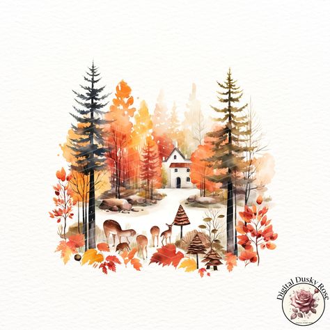 Cozy Woodland Scene Clipart with Orange Leaves, Mushrooms, and Deer for Journals and Crafts https://digitalduskyrose.etsy.com/listing/1776761719 Discover the tranquil beauty of fall with our Cozy Woodland Scene Clipart collection. Featuring 14 detailed illustrations of orange leaves, mushrooms, and deer, this set is perfect for adding a touch of woodland charm to your journals, invitations, and seasonal crafts. Each piece captures the essence of a serene forest landscape, making it ideal fo... Serene Forest, Illustration Journal, Deer Illustration, Fall Forest, Orange Leaves, Woodland Scene, Orange Leaf, Seasonal Crafts, Forest Landscape