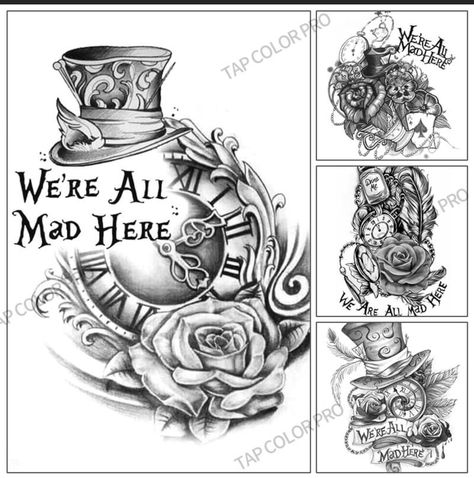 Were All Mad Here Tattoo, We're All Mad Here Tattoo, Mad Hatter Drawing, Mad Hatter Tattoo, Music Symbol Tattoo, Queen Of Hearts Tattoo, Wrist Tattoos Girls, Alice And Wonderland Tattoos, Arm Sleeve Tattoos For Women