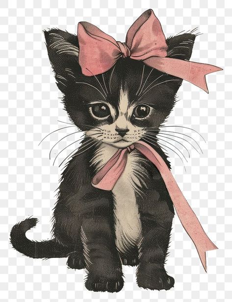 Cats Vintage Aesthetic, Cute Vintage Cat Illustration, Vintage Kitten Drawing, Cat Drawing Vintage, Cat Vintage Illustration, Vintage Cat Drawing, White Cat With Pink Bow, Vintage Cat Illustration, Notes Decoration