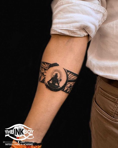 Band Tattoos - The Ink Boy Tattoo Band Designs Men, Armband Shiva Tattoo, Unique Armband Tattoos For Men, Tattoo Designs Men Shiva, Shiva Arm Tattoo, Wrist Band Tattoo Men Design, Mahadev Arm Band Tattoo, Shiva Tattoo Design For Men Arm, Mantra Band Tattoo