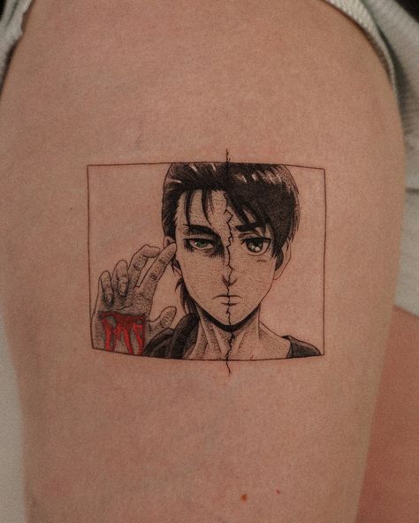 Both still have many similarities. Thank you for this cool idea and your trust! #eren #erenjaeger #erenyeager #aot #aottattoo #attackontitan #attackontitantattoo Aot Tattoo Eren, Eren Jaeger Tattoo, Titan Tattoo, Attack On Titan Tattoo, Aot Eren, Eren Jaeger, Anime Tattoos, Tattoos Ideas, Attack On Titan