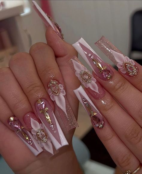 Coffin Latina Nails, Boujee Acrylic Nail Designs, 15 Quinceanera Nails Pink, Nail Ideas Blinged Out, Quinceañera Nails Pink, Latina Acrylic Nails Pink, Pink Virgencita Nails, Xl Long Acrylic Nails Pink, Pink Xv Nails