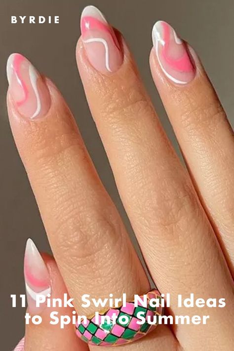 Swirly Pink Nails, Simple Swirl Nail Designs, Summer Nails Squiggly Lines, Short Nails Ideas For Summer, Simple Swirl Nails, Nails Waves, Line Designs On Nails, Pink And White Swirl Nails, Pink Swirly Nails