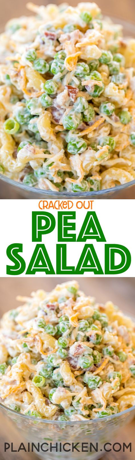 Cracked Out Pea Salad - Macaroni and green peas tossed in mayonnaise, cheddar, bacon and ranch. Seriously delicious!!! Great for potlucks or a side dish with a sandwiches. Great for all your spring and summer cookouts! Can make ahead and refrigerate until ready to serve. It has become our favorite pasta salad recipe!! #pastasalad #sidedish #bacon #ranch Cracked Out Pea Salad, Favorite Pasta Salad, Vegetarian Bacon, Salad Macaroni, Cracked Out, Pea Salad Recipes, Salad Kale, Plain Chicken, Pea Salad