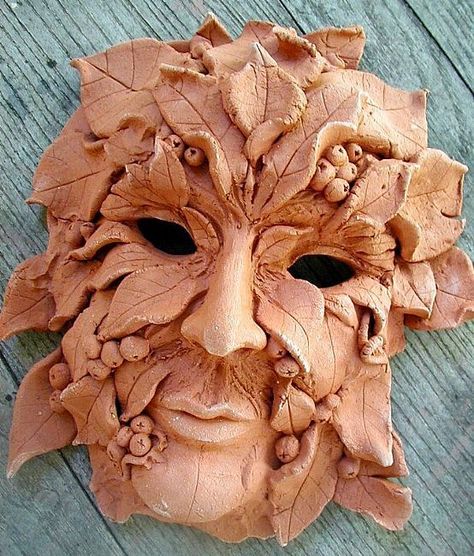 Greenman Terra Cotta Mask (Wall Sculpture) by Cathy (Kate) Johnson Ceramic Face Mask, Greenman Mask, Ceramic Masks Ideas, Clay Mask Art, Ceramic Masks, Photo Study, Ceramic Mask, Mask Wall, Mask Art