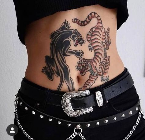 Belly Tattoo Traditional, Pisces Tattoo American Traditional, Lower Belly Hip Tattoo, Stomach Tattoo Cover Up, Stomach Tattoos Design, Symmetrical Lower Back Tattoo, Symmetrical Stomach Tattoo Women, American Traditional Tattoos Backpiece, Lower Back Tats Women