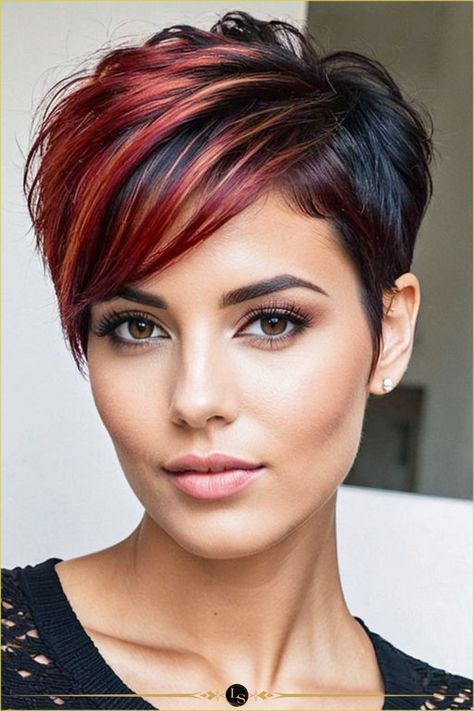 #ShortHair #PixieCut #BobHaircut #ShortHairDontCare #CroppedHair #ShortAndSweet #ChoppyCut #ShortHairStyle #SassyShortHair #LayeredCut Asymmetrical Pixie Edgy, Pixie Hair Color, Women's Haircut, Haircuts To Try, Short Spiked Hair, Funky Short Hair, Short Red Hair, Colourful Hair, Short Haircut Styles